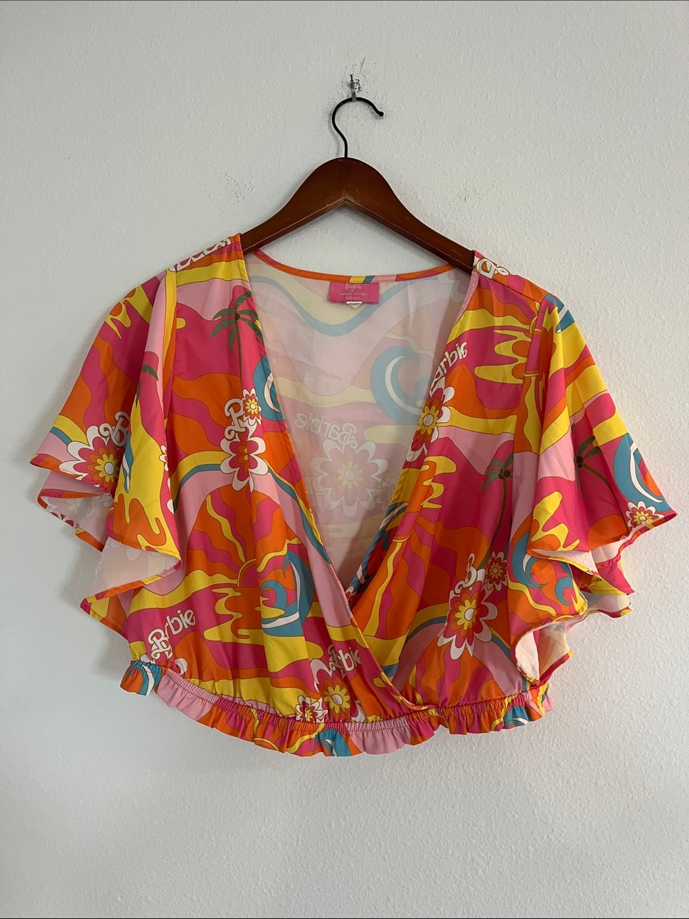 Unique Vintage x Barbie Pink Yellow Orange Floral Crop Top